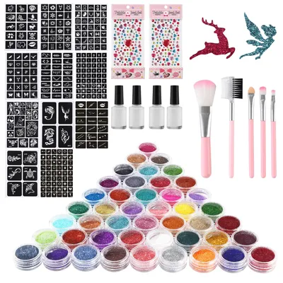 Produktbild von Glitzer Tattoo Set Kinder,48 Farben Glitzertattoos Kinder Set,Glitzer Tattoo Set,195 TattooSchablonen,2 Strass-Aufkleber,geeignetfürKarneval, Kindertag,Geburtstagsfeiern
