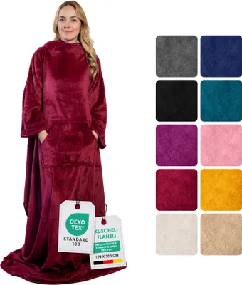 Produktbild von heimtexland ® Ärmeldecke TV Kuscheldecke mit Ärmeln Taschen Fußsack Super Soft Flanell tragbare Decke Ganzkörperdecke Typ870 Bordeaux Rot 200x170 cm