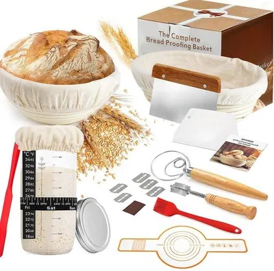 Produktbild von Famanu Brotbakset Komplett - 17-teiliges Set - Sauerteig Starterset - Gärkörbe Rund/Oval - 650ml Sauerteigglas - Backzubehör