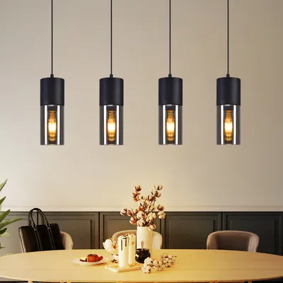 Image de ZMH Lampe à suspension de table à manger Lampe à suspension E27 4 flammes LED Réglable Moderne Abat-jour Verre Lustre Noir pour cuisine salon chambre à coucher
