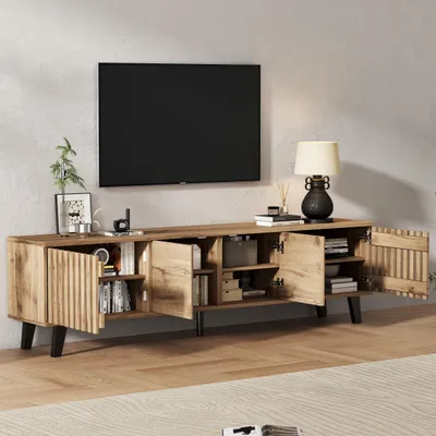 Image de OKWISH Meuble TV Moderne avec 8 Compartiments de Rangement - Meuble Bas pour Salon, Bois Naturel et Pieds Noirs, 180×40×55 cm