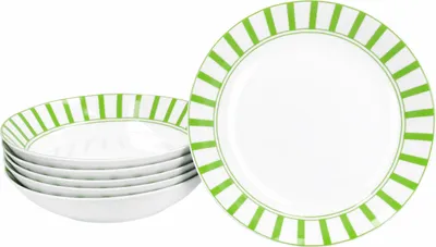 Zdjęcie produktu dla Split zielone paski Zestaw 6 talerzy do zupy 450ml porcelanowy talerz głęboki makaron w paski