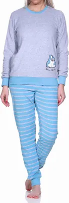 Produktbild von Damen Frottee Pyjama langarm mit Bündchen und niedlicher Pinguin Stickerei - 291 13 779 ; hellblau , 36