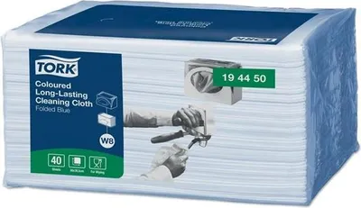 A stack of Tork cleaning cloths in their packaging.