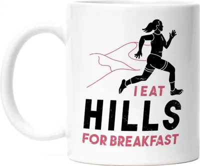 Produktbild von I Eat Hills For Breakfast Tasse Weiß Laufen Läuferin Laufstrecke Hügel Gipfel Berge Laufschuhe Laufhose Sport