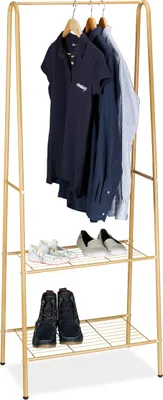 Produktbild von Relaxdays Kleiderständer SANDRA mit 2 Ablagen, Metall, Garderobenständer, mit Kleiderstange HBT: 160 x 61,5 x 38 cm, honigbraun