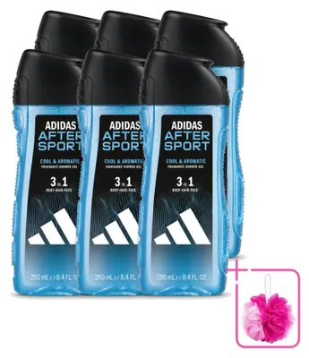 Zdjęcie produktu dla 6 sztuk żelu pod prysznic i szamponu 2 w 1 Adidas After Sport - 250 ml - zestaw ekonomiczny