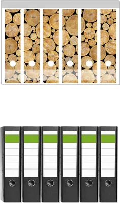 Produktbild von Wallario 6 Stück breite Ordner inkl. Klebeetiketten mit Motive Holzstapel rund -  Set mit Rückenschildern / Ordnerrücken Stickern