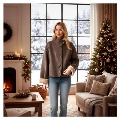 Produktbild von Damen Winterjacke Warm Gefüttert Übergangsjacke Lederjacke Herbstjacke Teddyjacke Fleecejacke Kunstlederjacke Bikerjacke Einfarbiger Mantel Klassische Outdoorjacke mit Knöpfen