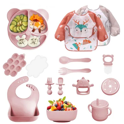 Produktbild von 14-teiliges Silikon-Baby-Essset - Rosa - Komplett mit Saugnäpfen