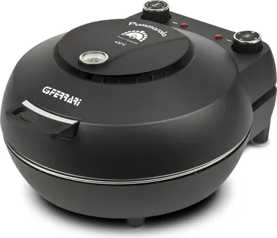 A black pizza oven is shown from a three-quarter angle on a white background.