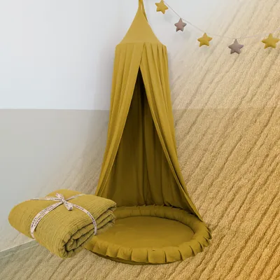 Imagen del producto de Dosel amarillo mostaza sin aplicación dorada - Cielo de cama para habitación infantil