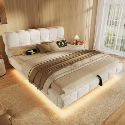 Image de Lit rembourré Flieks 140x200 cm avec ports USB et Type-C, lit coffre hydraulique avec revêtement en similicuir, lit double pour adolescents avec espace de rangement, lit hydraulique en velours, couleur beige