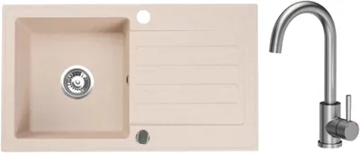 Produktbild von VBChome Granitspüle 76 x 44 cm Beige mit Armatur Einzelbecken Einbauspüle Reversibel Gesprenkelt Pflegeleichtes Spülbecken mit Siphon