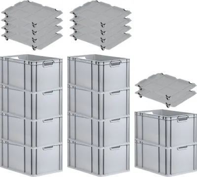 Produktbild von SparSet 10x Eurobox NextGen Grip mit Auflagedeckel inkl. 4 schwarzen Schiebeschnappverschlüssen | HxBxT 32x40x60cm | 65 Liter | Grau | Griffe offen | Verstärkter Boden | Eurobehälter, Transportbox, Transportbehälter, Stapelbehälter