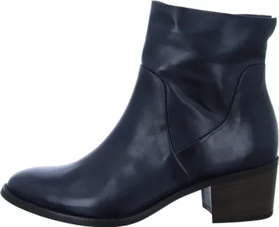 A side view of a single navy blue ankle boot with a block heel.