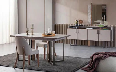 Produktbild von Essgruppe Essecke Esstisch Stühle Holz Grau Esszimmer 9tlg Anrichte
