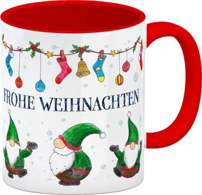 Produktbild von Frohe Weihnachten Kaffeebecher Henkel und Innenseite Rot mit Wichtel