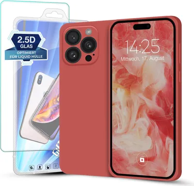 A red iPhone case and screen protector are displayed together.