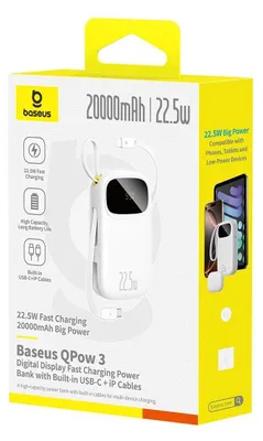 Obrázok produktu pre Externá batéria 20 000 mAh Baseus EnerFill FC31, 22,5 W, USB-C, Lightning, USB-A, integrované káble, LED displej, biela