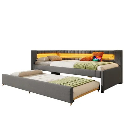 Produktbild von Daybett, Tagesbett, Schlafsofa, 90*200cm , Bett mit LED-Fernbedienungslichtleiste am Bettende, Bett mit Ausziehbett ohne Matratze, USB + TYPE-C, Leine