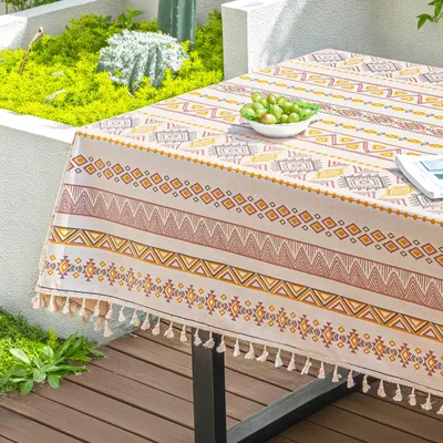 Produktbild von Tischdecke Schmutzabweisend Abwaschbar Tischdecken Boho mit Quasten Rechteck Gartentischdecke für Party Küche, 140x200cm, Bunt