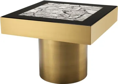 Produktbild von Casa Padrino Luxus Edelstahl Beistelltisch mit Kunstmarmorplatte Messingfarben / Hochglanzschwarz / Grau 65 x 65 x H. 50 cm - Designer Wohnzimmermöbel
