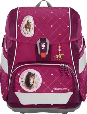 A close-up studio shot of a purple backpack with horse motifs.