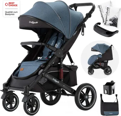Produktbild von Daliya® Rapidy Buggy / Kinderwagen 0-36 Monate / Sportwagen mit Liegeposition / Wickeltasche, Winterfußsack, Ess- & Spieltisch und mehr Linen Blau – Schwarz