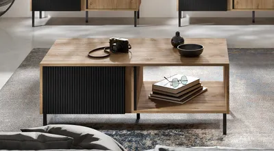 Produktbild von Couchtisch MIA 110 cm Kaffetisch mit geriffelte Fronte Metallbeine Ewige Eiche / Schwarz