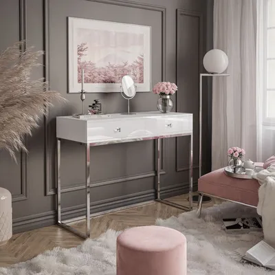 Produktbild von Konzolový stolek BLANCO GLAMOUR s chromovaným rámem Bílá lesklá rukojeť, bílý křišťál