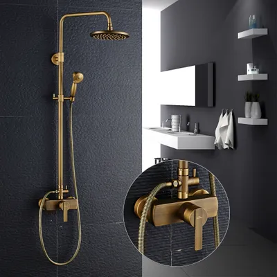 Obrázek produktu pro Sprchový systém Auralum retro kartáčovaná mosaz Sprchový set, sprchový sloup s nastavitelnou lištou, sprchový systém s přepínačem rukojetí