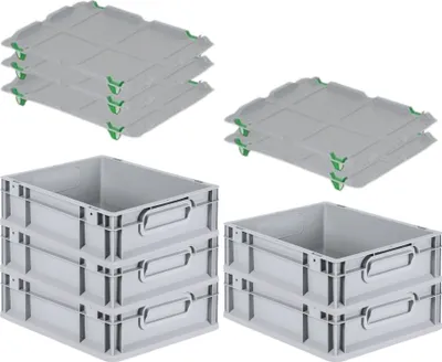Produktbild von SparSet 5x Eurobox NextGen Economy mit Auflagedeckel und 4x Schiebeschnappverschlüsse Grün | Griffe geschlossen | HxBxT 12x30x40cm | 11 Liter | Eurobehälter, Transportbox, Transportbehälter, Stapelbehälter