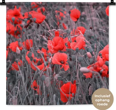 Produktbild von MuchoWow® Wandteppich Wandbehang Rote Mohnblumen in einem Schwarz-Weiß-Bild 60x60 cm Tapisserie Dekoration Wandtuch - Dekorationen - Wand Decke