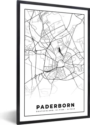 Produktbild von MuchoWow® Gerahmtes Poster Paderborn - Karte - Stadtplan 60x90 cm - Poster mit Schwarzem Bilderrahmen Wandposter Rahmen Foto Bilder - Kunst
