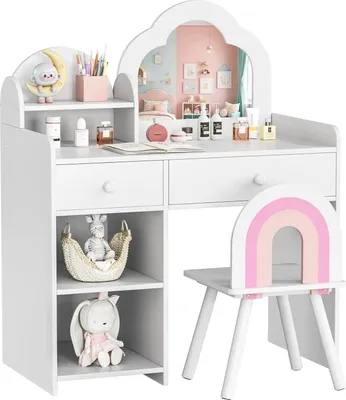 Produktbild von Kinderschminktisch Set - Wolkenförmiger Schminktisch - Spiegel und Hocker - 2 Schubladen - Holz - 73,5×40×90,5 cm - Weiß