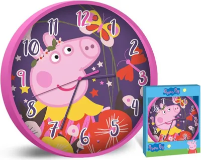 A Peppa Pig themed wall clock and its packaging.