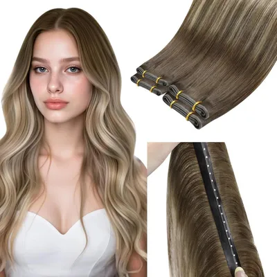 Image de Tresses d'extensions en cheveux naturels, 55 cm, balayage blond, brun foncé, blond clair, 100g