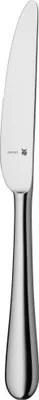 A close-up studio shot of a single silver butter knife.