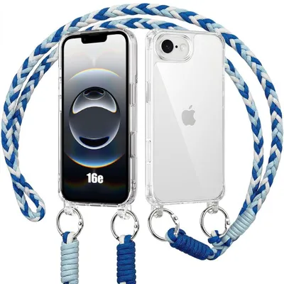 Image de Coque pour iPhone 16e, Antichoc Transparent Rigide Anti-Rayure avec Cordon Blanc Bleu