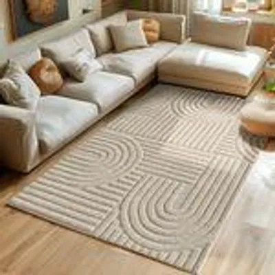 Produktbild von Hochflor Teppich Wohnzimmer Küchenteppich Schlafzimmer Flur Skandi Boho Teppich 3D Design Flauschig Weich , Größe : 280 x 370 cm , Farbe : Beige