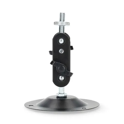 A black metal camera mount with a silver screw and nut, on a white background.