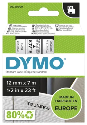 Produktbild von DYMO Original D1-Etikettenband | 12 mm x 7 m |schwarz auf transparent | selbstklebendes Schriftband |Polyster | für LabelManager-Beschriftungsgerät