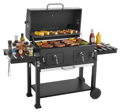 Produktbild von Holzkohlegrill - Grillwagen - Grillfläche 0,50 m² - Doppelte, höhenverstellbare Holzkohleschalen - Klappbare Seitentische - Hitzebeständiger, pulverbeschichteter Stahl