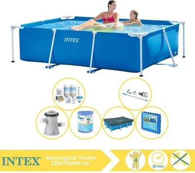 Image de Piscine rectangulaire Intex Inclusief - Piscine hors sol - 220 x 150 x 60 cm - Avec auvent, kit d'entretien, pompe de piscine, filtre, aspirateur et pastilles pour piscine