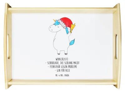 Produktbild von Mr. & Mrs. Panda Servier Tablett Einhorn Weihnachtsmann - Weiß - Geschenk, Bett-Tablett, Serviertablett, Wunschliste, küchentablett holz, Nikolaus, Weihnachten, Unicorn