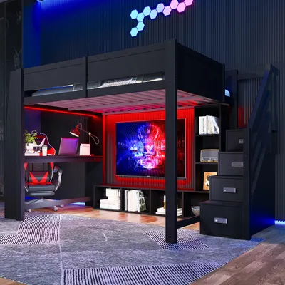 Immagine prodotto di Letto a soppalco 140x200 cm con scrivania, illuminazione LED, scala con contenitore, armadietti contenitore e vani contenitore, struttura in legno, nero