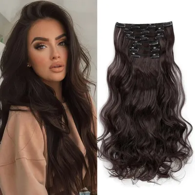 Obrázok produktu pre Clip-in predlžovanie vlasov, vlnité, tmavohnedé, 48 cm, 6 prameňov, 16 klipov, syntetické