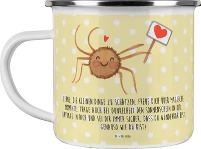Produktbild von Mr. & Mrs. Panda Pott Spinne Agathe Motivation - Gelb Pastell - Geschenk, Teetasse, becher emaille, Dankeschön, Glück, Campingbecher, Kaffeepott, Liebe, Vertrauen