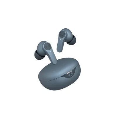 A pair of blue wireless earbuds and their charging case are shown against a white background.